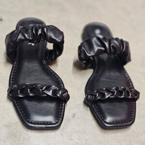 Black Square-Toe Sandals With Braided Strap & Ruched Detail